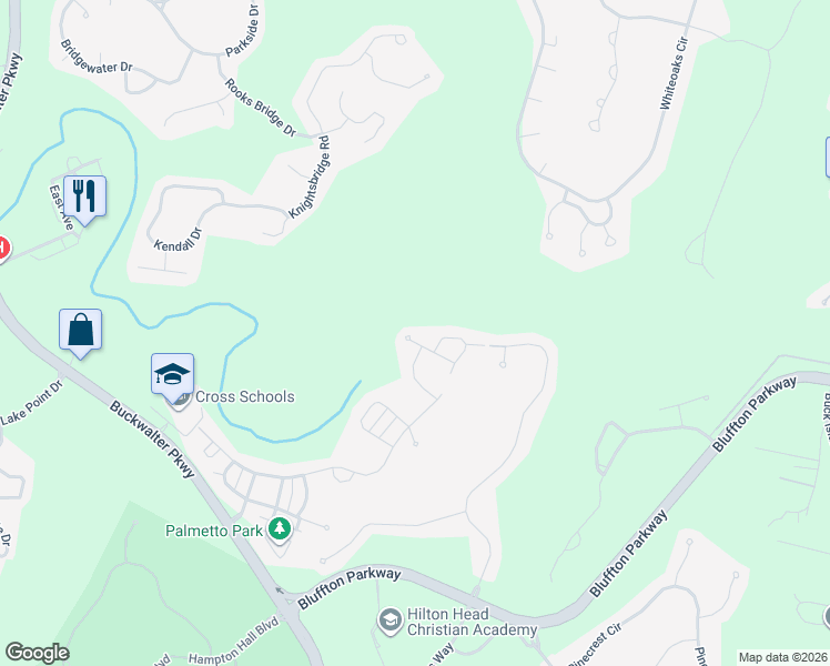 map of restaurants, bars, coffee shops, grocery stores, and more near 334 Green Leaf Way in Bluffton