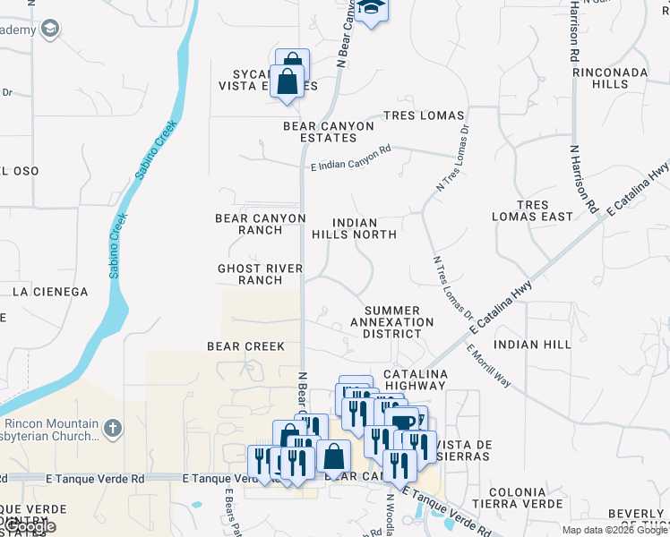 map of restaurants, bars, coffee shops, grocery stores, and more near 8912 East Indian Bend Road in Tucson