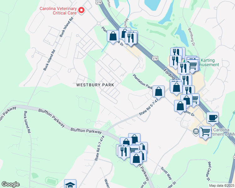 map of restaurants, bars, coffee shops, grocery stores, and more near 15 Abbey Avenue in Bluffton