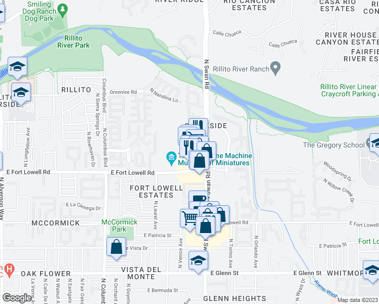 map of restaurants, bars, coffee shops, grocery stores, and more near 3275 North Swan Road in Tucson