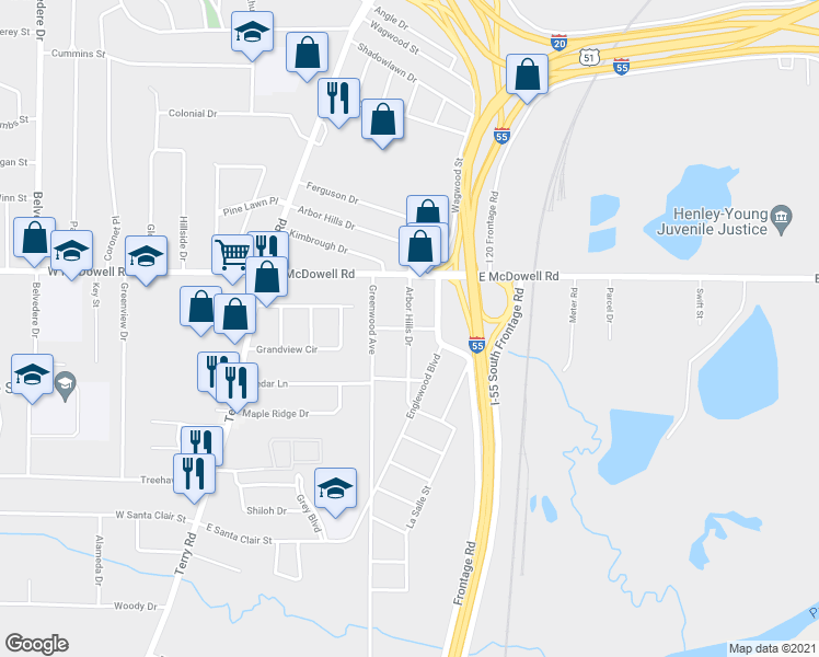 map of restaurants, bars, coffee shops, grocery stores, and more near Arbor Hill Dr in Jackson