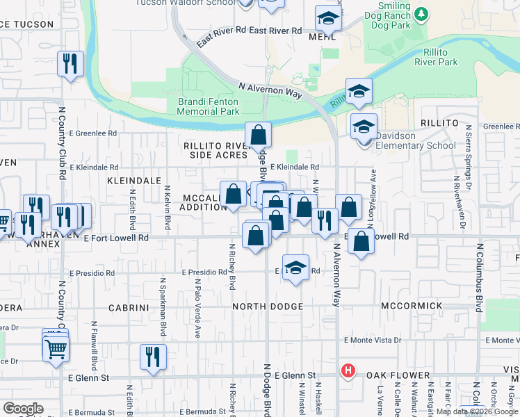 map of restaurants, bars, coffee shops, grocery stores, and more near 3305 North Dodge Boulevard in Tucson