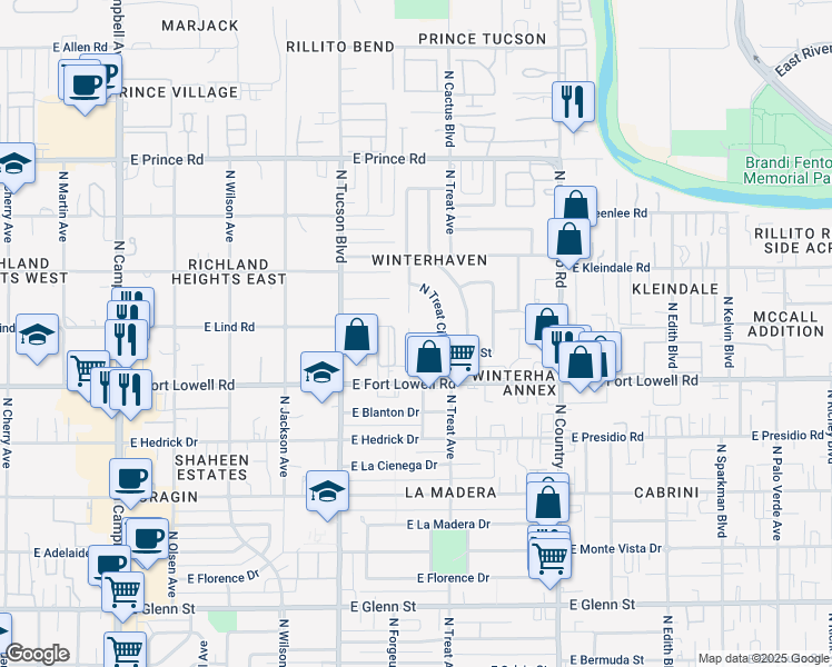 map of restaurants, bars, coffee shops, grocery stores, and more near 3260 North Anderson Drive in Tucson