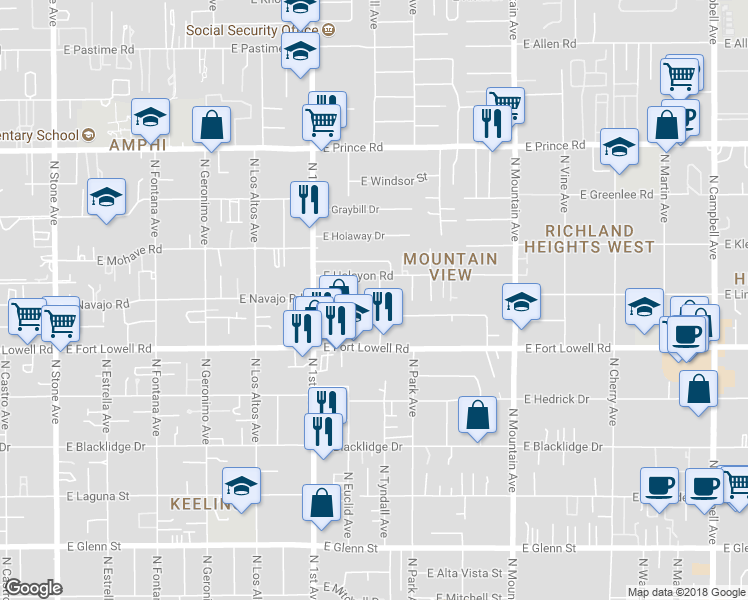 map of restaurants, bars, coffee shops, grocery stores, and more near 3250 North Tyndall Avenue in Tucson