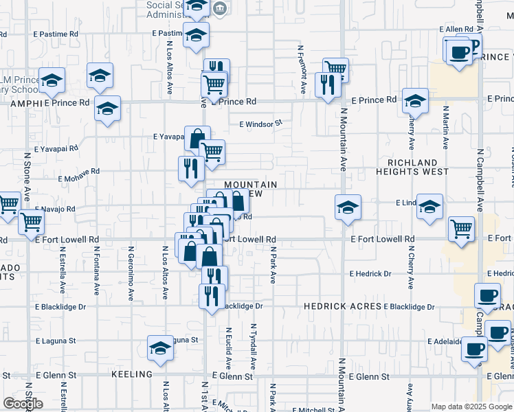 map of restaurants, bars, coffee shops, grocery stores, and more near 3250 North Tyndall Avenue in Tucson