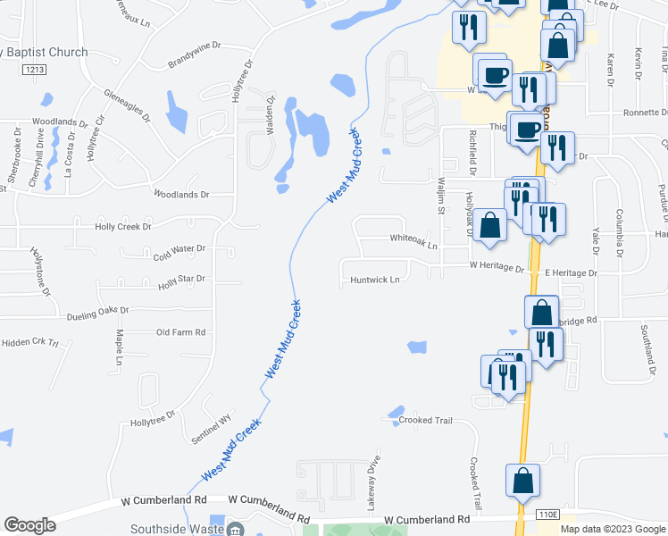 map of restaurants, bars, coffee shops, grocery stores, and more near 7605 Deer Ridge Lane in Tyler