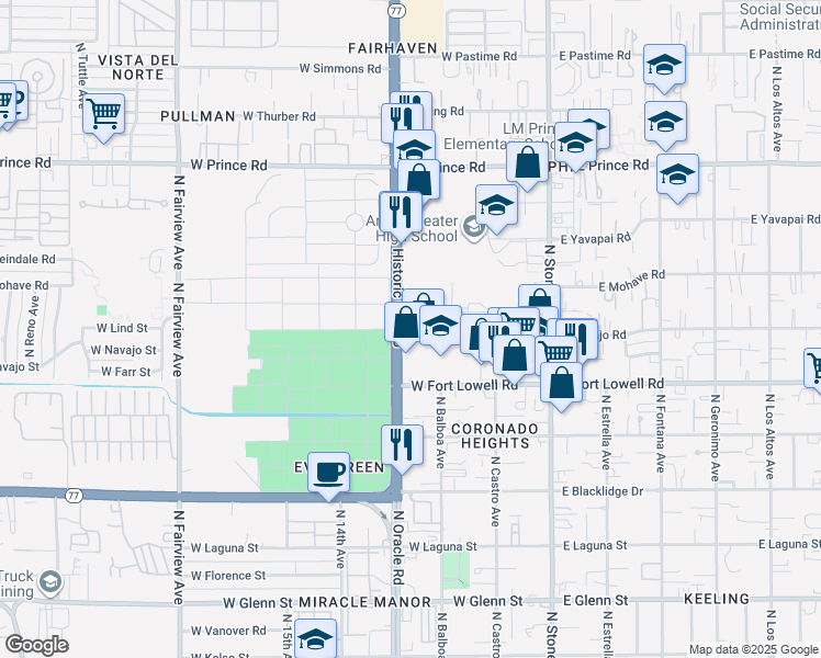 map of restaurants, bars, coffee shops, grocery stores, and more near 3302 North Oracle Road in Tucson