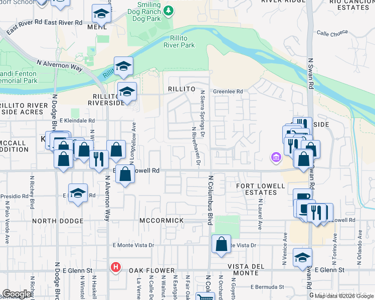 map of restaurants, bars, coffee shops, grocery stores, and more near 3250 North Surging Waters Place in Tucson