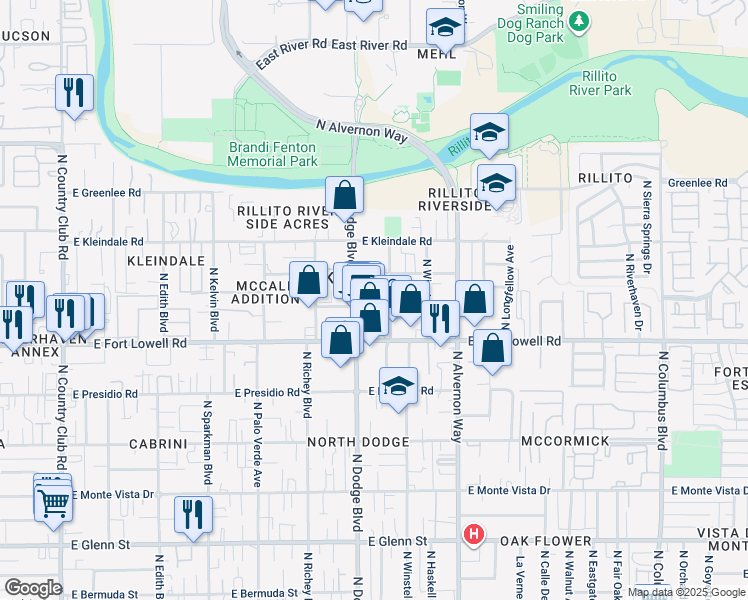 map of restaurants, bars, coffee shops, grocery stores, and more near 3743 East Farr Place in Tucson