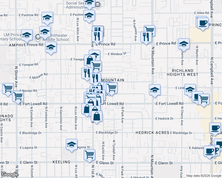 map of restaurants, bars, coffee shops, grocery stores, and more near 3250 North Tyndall Avenue in Tucson