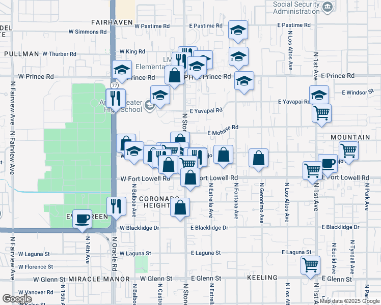 map of restaurants, bars, coffee shops, grocery stores, and more near 1 East Navajo Road in Tucson