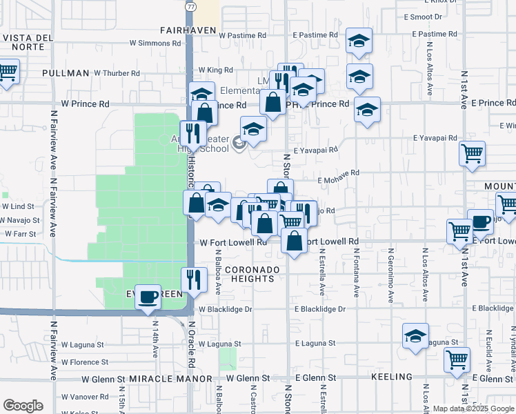 map of restaurants, bars, coffee shops, grocery stores, and more near 202 West Navajo Road in Tucson