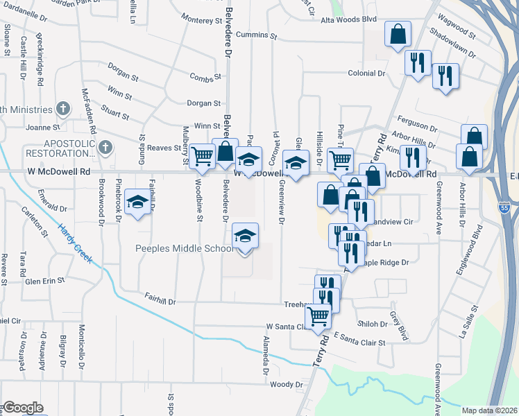 map of restaurants, bars, coffee shops, grocery stores, and more near 2655 Key Street in Jackson