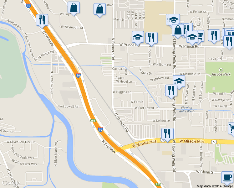map of restaurants, bars, coffee shops, grocery stores, and more near 1749 West Higgins Lane in Tucson