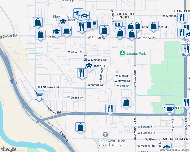 map of restaurants, bars, coffee shops, grocery stores, and more near 3960 North Sun Tran Boulevard in Tucson