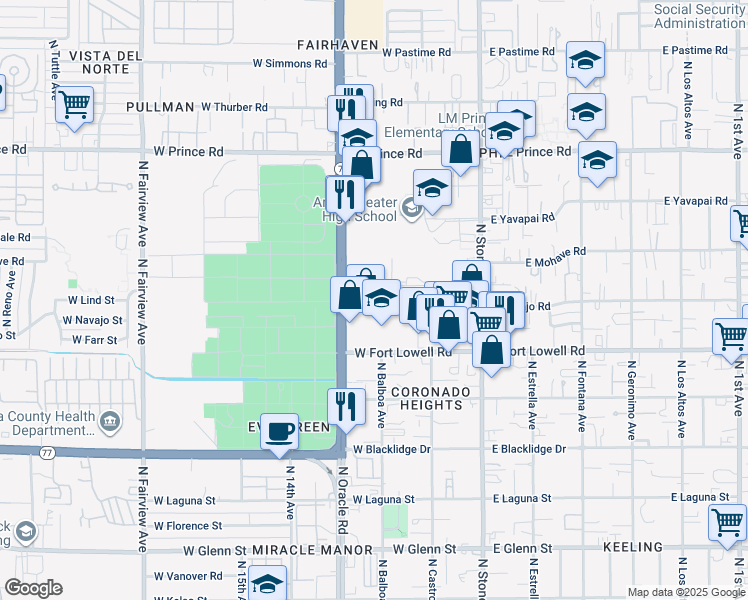 map of restaurants, bars, coffee shops, grocery stores, and more near 306 West Navajo Road in Tucson