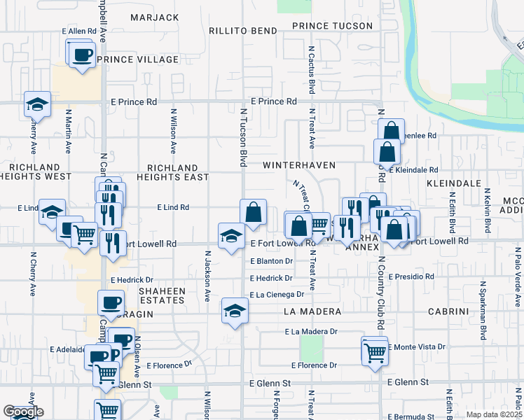 map of restaurants, bars, coffee shops, grocery stores, and more near 2530 East Lind Road in Tucson