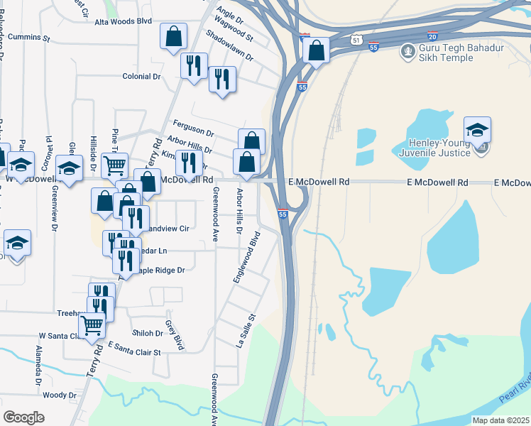 map of restaurants, bars, coffee shops, grocery stores, and more near 2838 Kingswood Avenue in Jackson