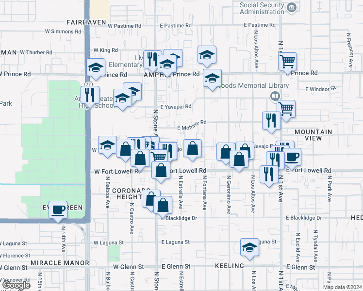 map of restaurants, bars, coffee shops, grocery stores, and more near 137 East Navajo Road in Tucson