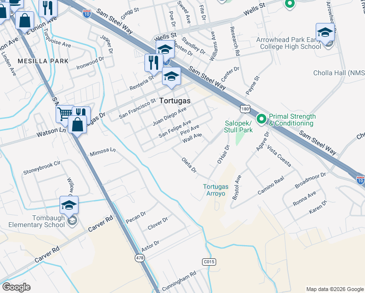 map of restaurants, bars, coffee shops, grocery stores, and more near 313 Wall Avenue in Las Cruces