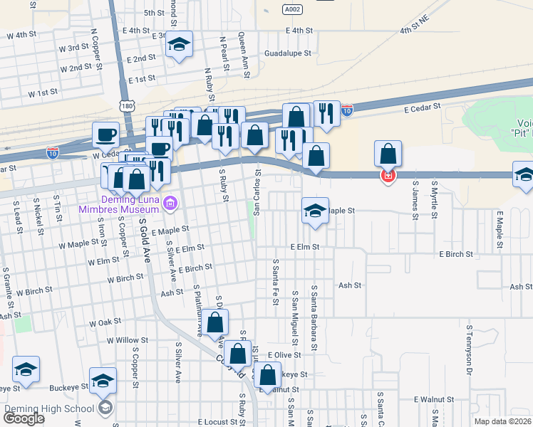 map of restaurants, bars, coffee shops, grocery stores, and more near 712 East Maple Street in Deming