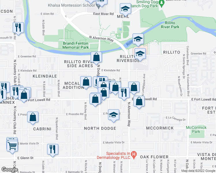map of restaurants, bars, coffee shops, grocery stores, and more near 3743 East Farr Place in Tucson