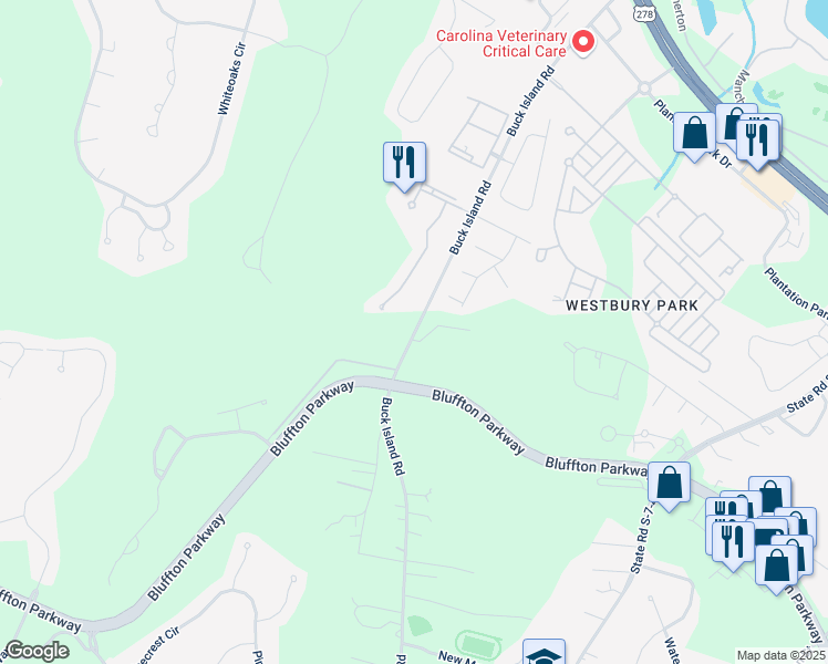 map of restaurants, bars, coffee shops, grocery stores, and more near Point West Drive in Bluffton