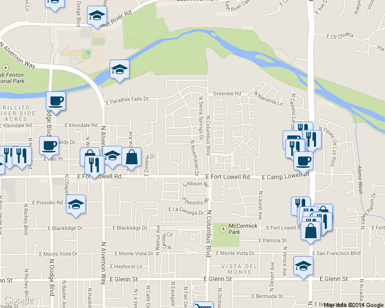 map of restaurants, bars, coffee shops, grocery stores, and more near 3250 North Surging Waters Place in Tucson