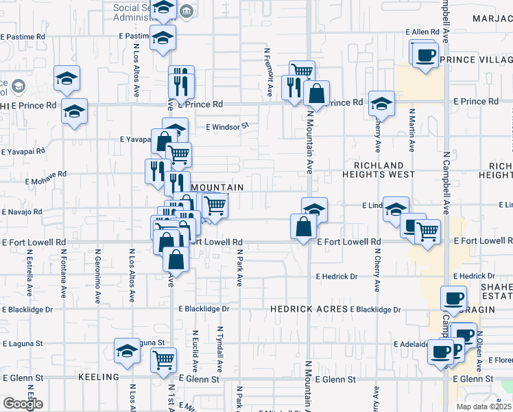 map of restaurants, bars, coffee shops, grocery stores, and more near 1049 East Navajo Road in Tucson