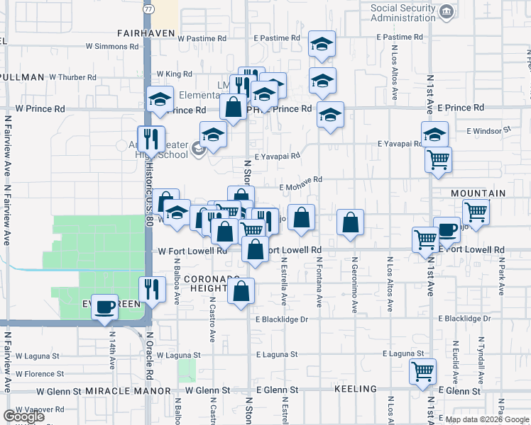 map of restaurants, bars, coffee shops, grocery stores, and more near 1 East Navajo Road in Tucson