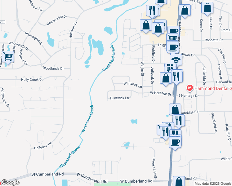 map of restaurants, bars, coffee shops, grocery stores, and more near 705 Huntwick Lane in Tyler