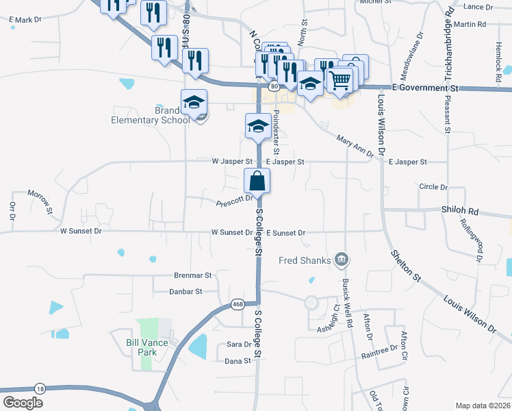map of restaurants, bars, coffee shops, grocery stores, and more near 610 Mississippi 468 in Brandon