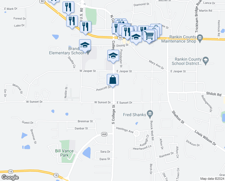 map of restaurants, bars, coffee shops, grocery stores, and more near 612 South College Street in Brandon