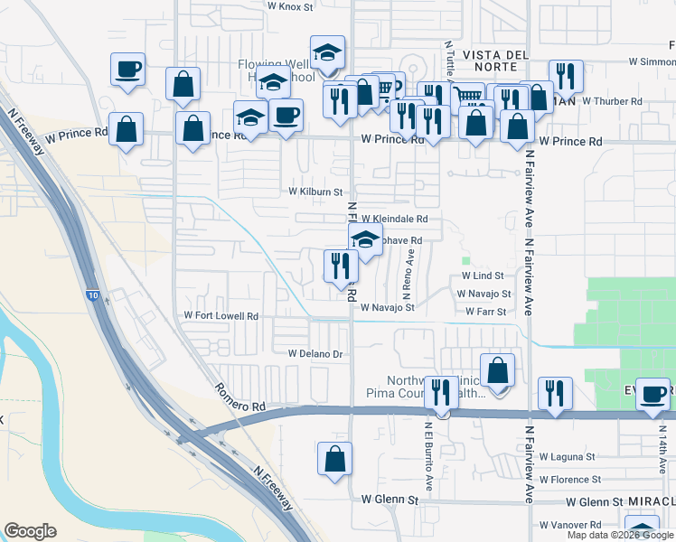 map of restaurants, bars, coffee shops, grocery stores, and more near 3245 North Flowing Wells Road in Tucson