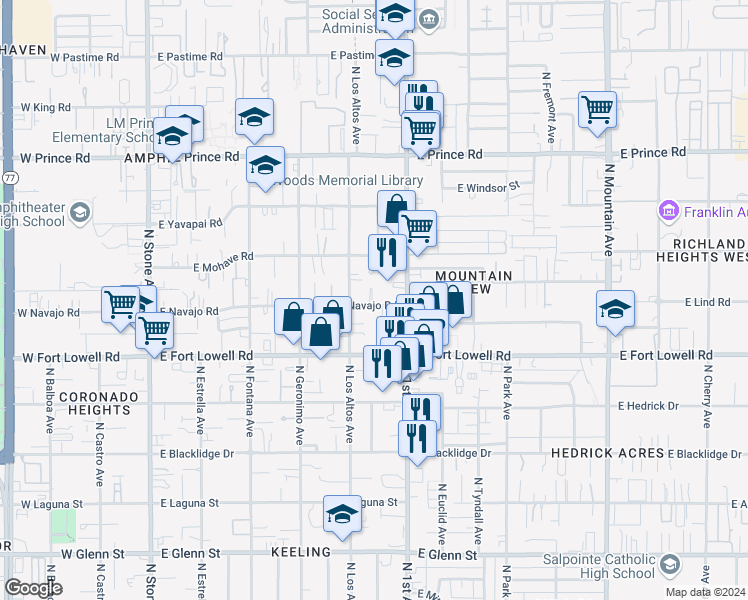 map of restaurants, bars, coffee shops, grocery stores, and more near 525 East Navajo Road in Tucson