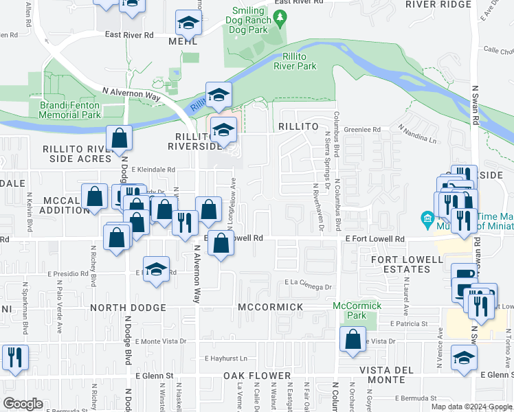 map of restaurants, bars, coffee shops, grocery stores, and more near 4062 East Deseret Drive in Tucson
