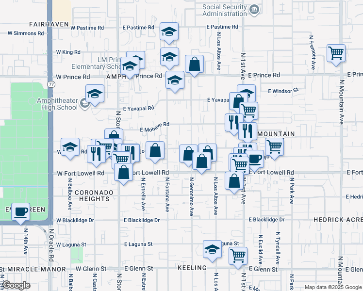 map of restaurants, bars, coffee shops, grocery stores, and more near 310 East Navajo Road in Tucson