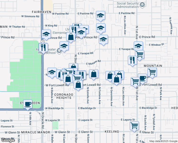 map of restaurants, bars, coffee shops, grocery stores, and more near 137 East Navajo Road in Tucson