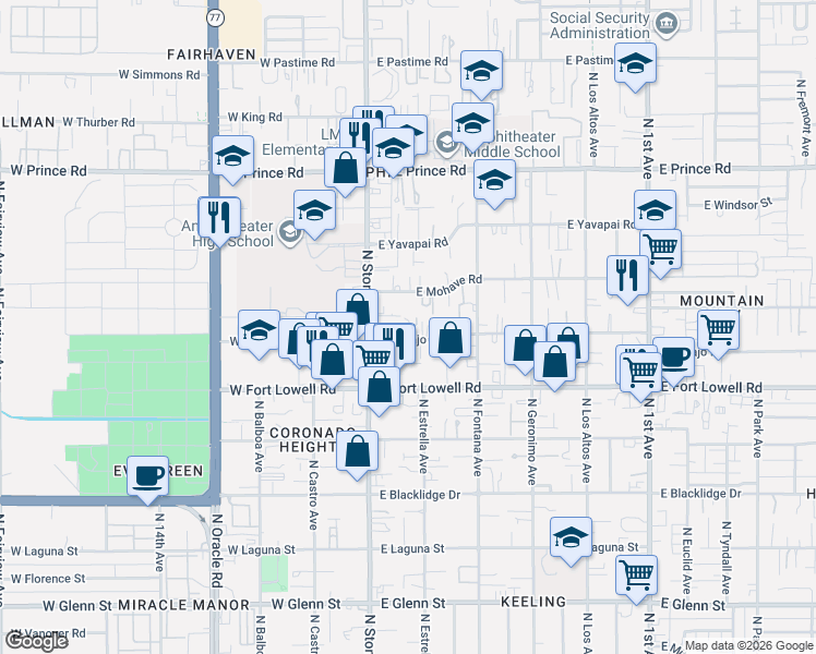 map of restaurants, bars, coffee shops, grocery stores, and more near 137 East Navajo Road in Tucson