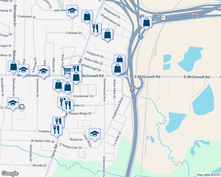 map of restaurants, bars, coffee shops, grocery stores, and more near 2841 Arbor Hills Drive in Jackson