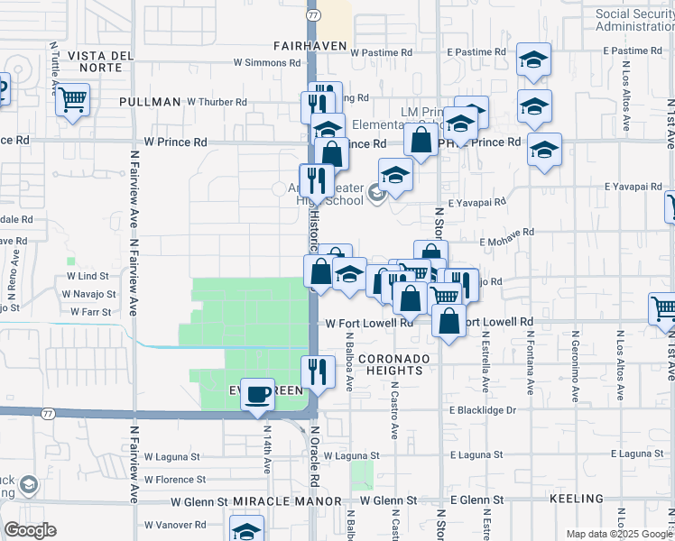 map of restaurants, bars, coffee shops, grocery stores, and more near 3302 North Oracle Road in Tucson