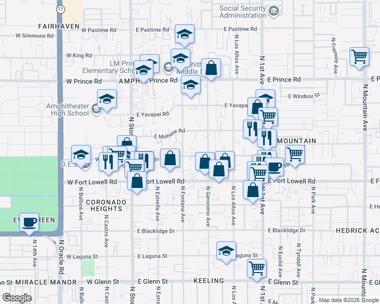 map of restaurants, bars, coffee shops, grocery stores, and more near 310 East Navajo Road in Tucson