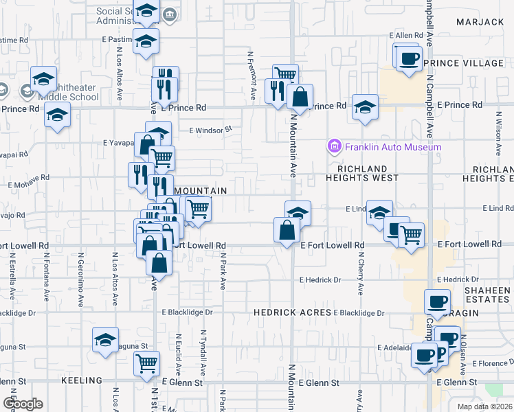 map of restaurants, bars, coffee shops, grocery stores, and more near 1049 East Navajo Road in Tucson