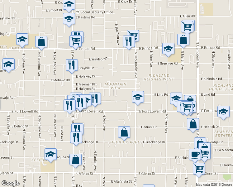 map of restaurants, bars, coffee shops, grocery stores, and more near 1049 East Navajo Road in Tucson