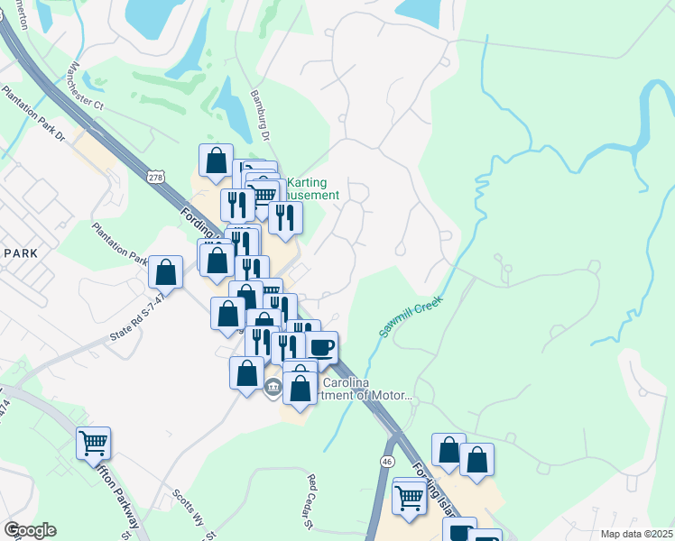 map of restaurants, bars, coffee shops, grocery stores, and more near Clarks Summit Drive in Bluffton