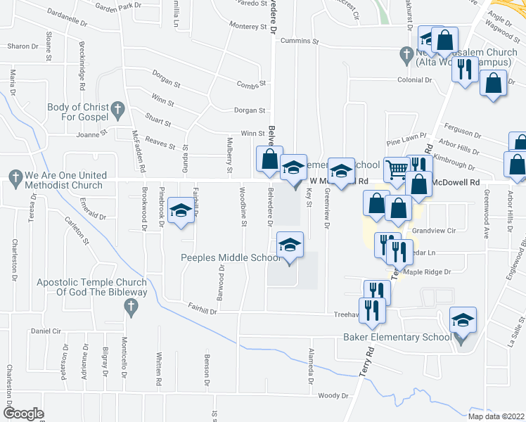 map of restaurants, bars, coffee shops, grocery stores, and more near 2625 Belvedere Drive in Jackson