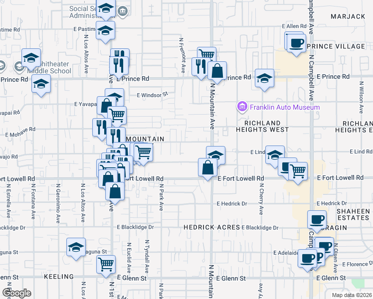 map of restaurants, bars, coffee shops, grocery stores, and more near 1049 East Navajo Road in Tucson
