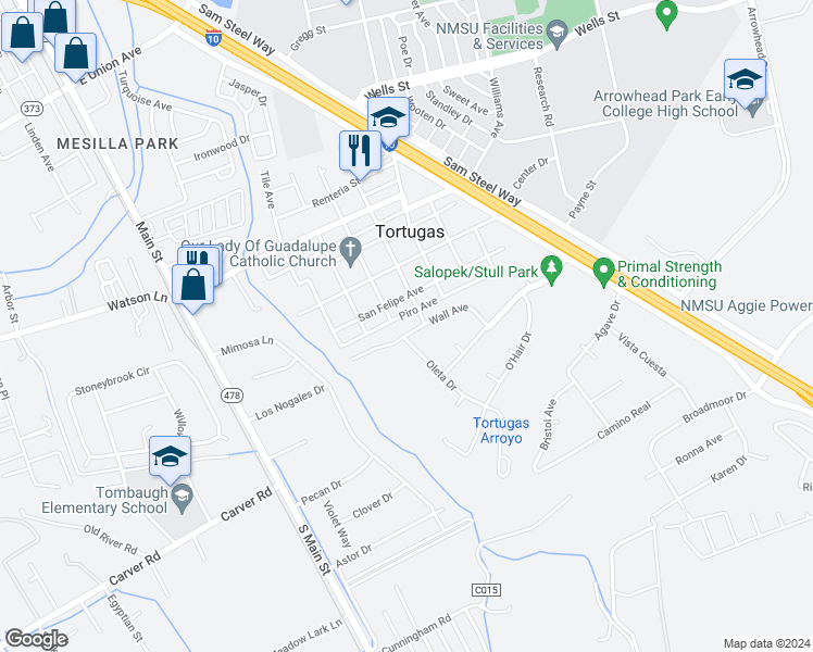 map of restaurants, bars, coffee shops, grocery stores, and more near 313 Wall Avenue in Las Cruces
