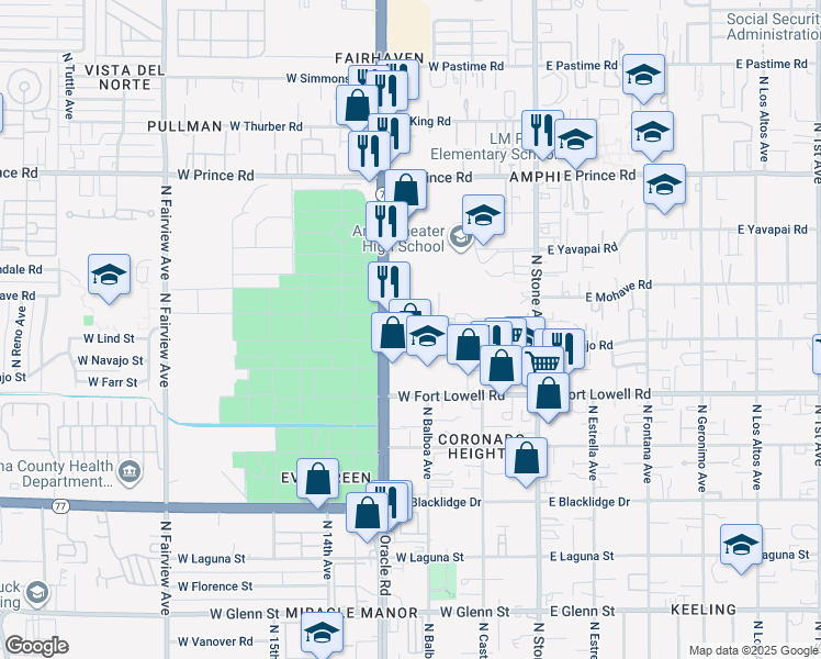 map of restaurants, bars, coffee shops, grocery stores, and more near 324 West Navajo Road in Tucson