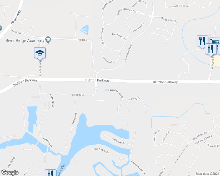 map of restaurants, bars, coffee shops, grocery stores, and more near 7 Hampton Lake Drive in Bluffton